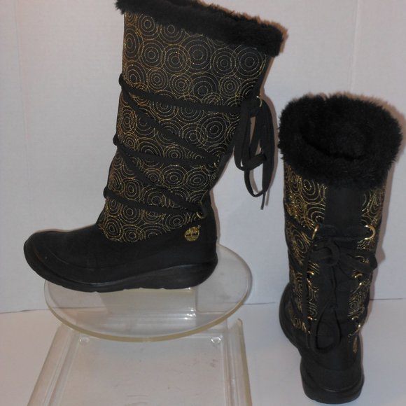 TIMBERLAND BLACK AND GOLD LEATHER AND FAUX FUR KNEE-HIGH BOOTS SIZE 6.5 MEDIUM - Picture 7 of 9